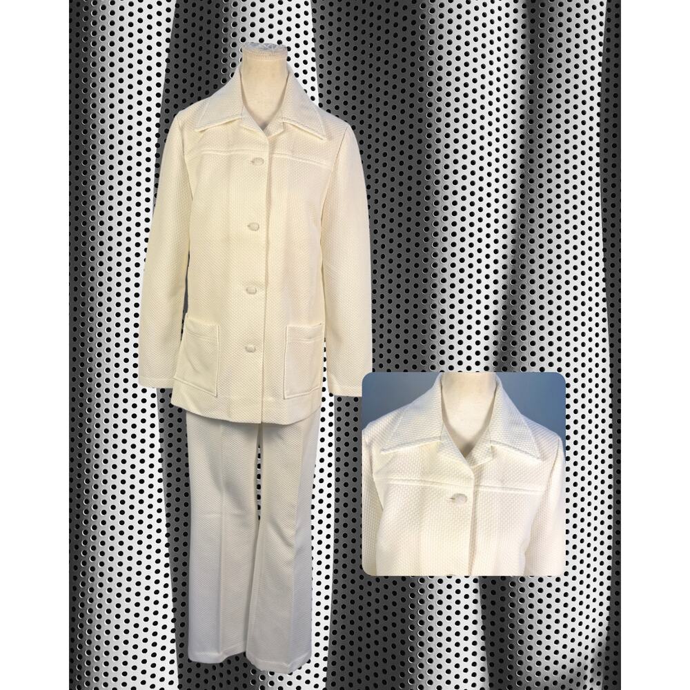 Vintage 70s Groovy White Waffle Knit Dagger Collar Blazer Flare Pants Set M/L